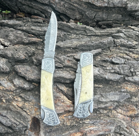 Handmade Damascus Pocket Knife Folding Knife White Bone Handle Birthday Gift Groomsmen Gift Anniversary Wedding Gift thanksgiving Gift Love