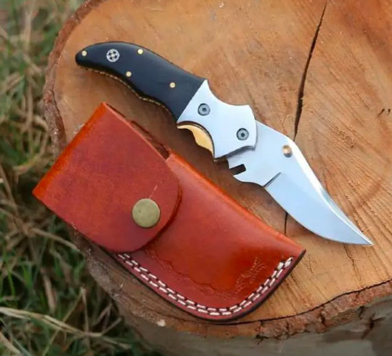 Handmade Stainless Steel Folding Pocket Knife with Leather Sheath - Image 3