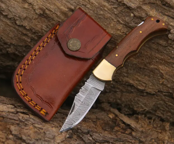 Handmade Damascus Folding Knife with Rosewood Handle & Leather Sheath