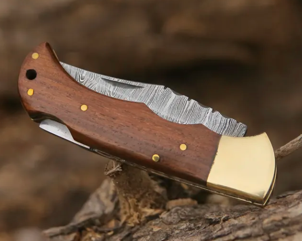 Handmade Damascus Folding Knife with Rosewood Handle & Leather Sheath - Image 2