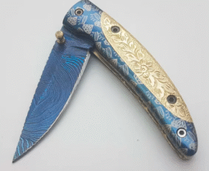 Handmade Folding Knife | Blue Titanium Damascus Blade | Hand-Carved Brass Handle |Box & Leather Sheath