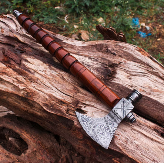 Handmade Damascus steel Functional Pipe Wood handle, Bushcraft axe, Tomahawk axe, Gift for him, father day gift anniversary gift Camping axe - Image 3