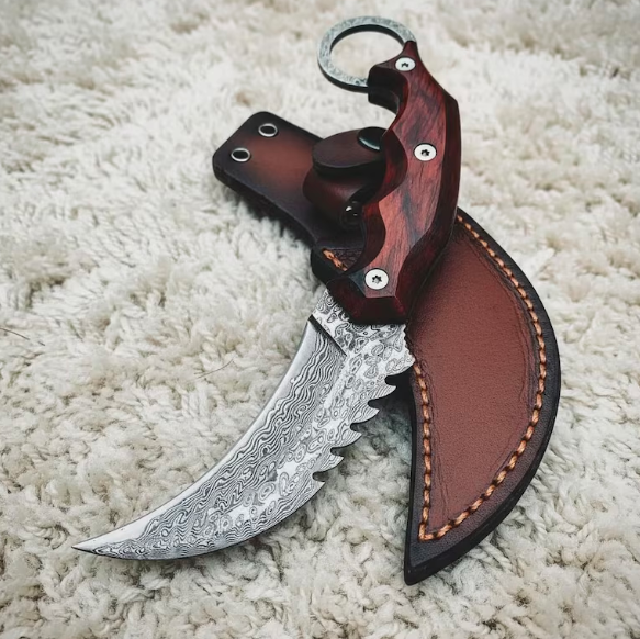 Handmade Damascus Karambit Knife: Engraved Gift with Leather Sheath