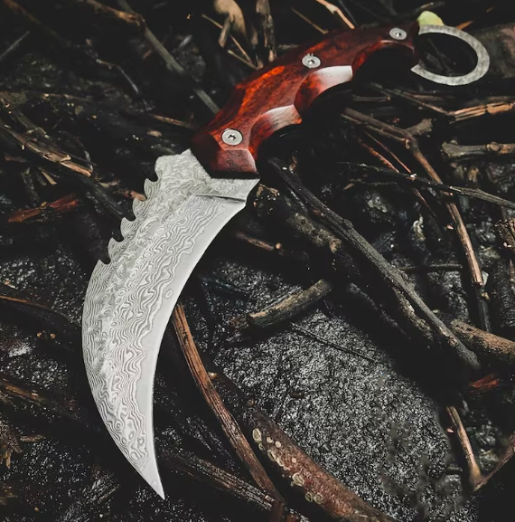 Handmade Damascus Karambit Knife: Engraved Gift with Leather Sheath - Image 3