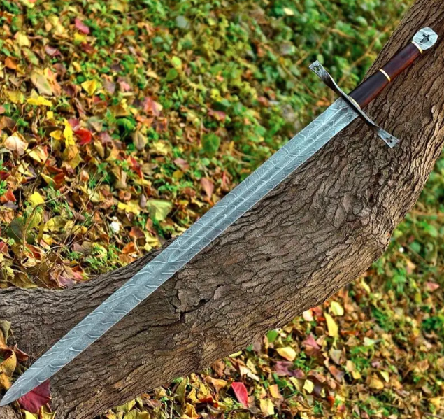 Real Medieval Viking Damascus steel Handmade sword with Leather, Vikings sword, Monogram sword, Templers holy sword, Christmas gift for him - Image 2