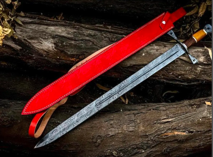 Real Medieval Viking Damascus steel Handmade sword with Leather, Vikings sword, Monogram sword, Templers holy sword, Christmas gift for him