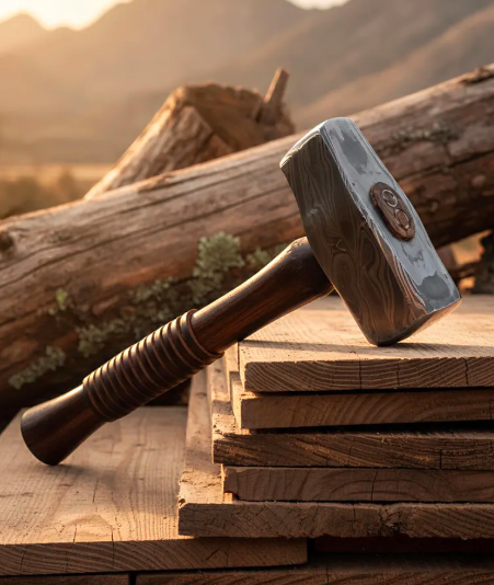 Handmade Damascus Steel Viking Hammer Hardwood Handle Blacksmith Tool - Image 2