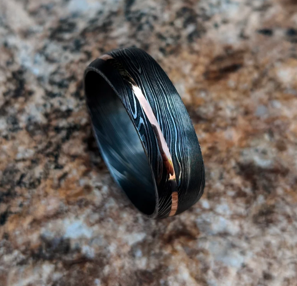 Damascus Ring 14k Rose Gold Inlay Damascus Steel Wedding Band
