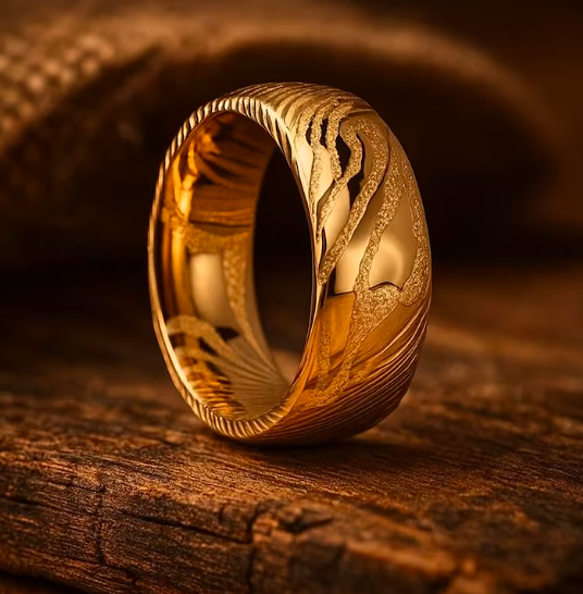 Damascus Steel Ring, Hammered Damascus Band, Men Wedding Ring, Handmade Damascus Ring, Engagement Ring, Gold Wedding Ring, 8mm. Box Included