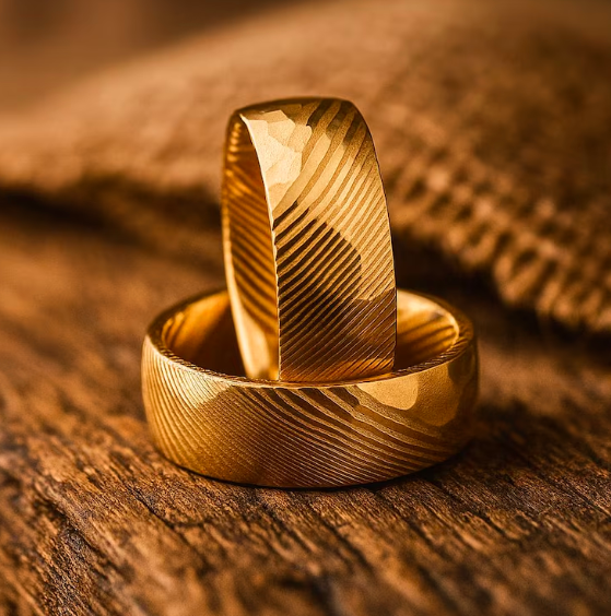 Damascus Steel Ring, Hammered Damascus Band, Men Wedding Ring, Handmade Damascus Ring, Engagement Ring, Gold Wedding Ring, 8mm. Box Included - Image 2