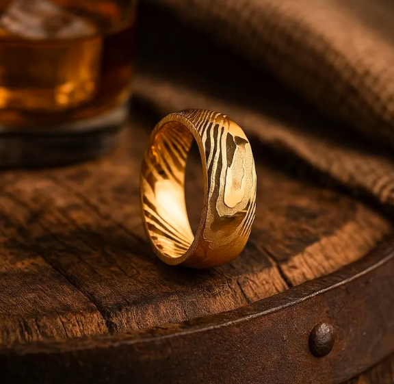 Damascus Steel Ring, Hammered Damascus Band, Men Wedding Ring, Handmade Damascus Ring, Engagement Ring, Gold Wedding Ring, 8mm. Box Included - Image 3