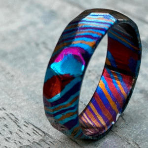 Handmade Faceted Timascus Ring: 3 Alloy Wedding Band, Anniversary Gift, Handmade jewelry