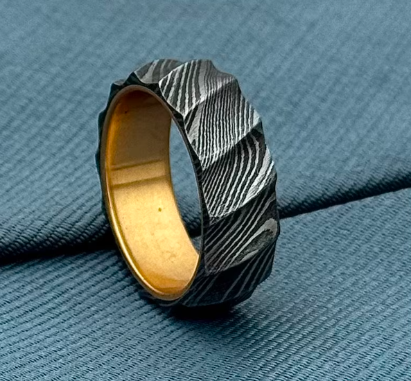 Handmade Wavy Damascus Steel Ring with Brass Sleeve