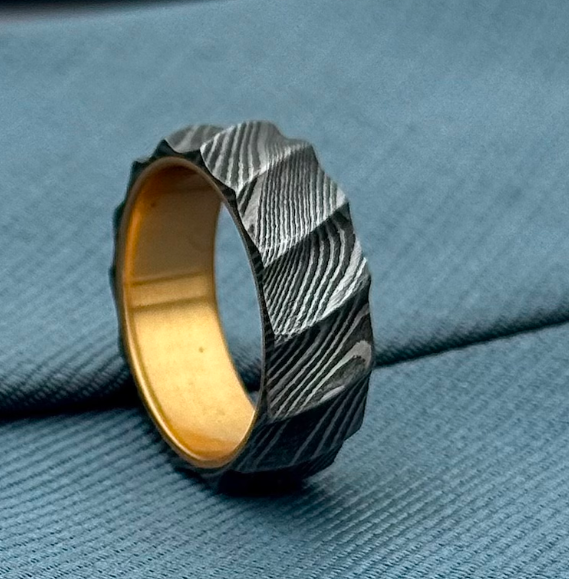 Handmade Wavy Damascus Steel Ring with Brass Sleeve - Image 2