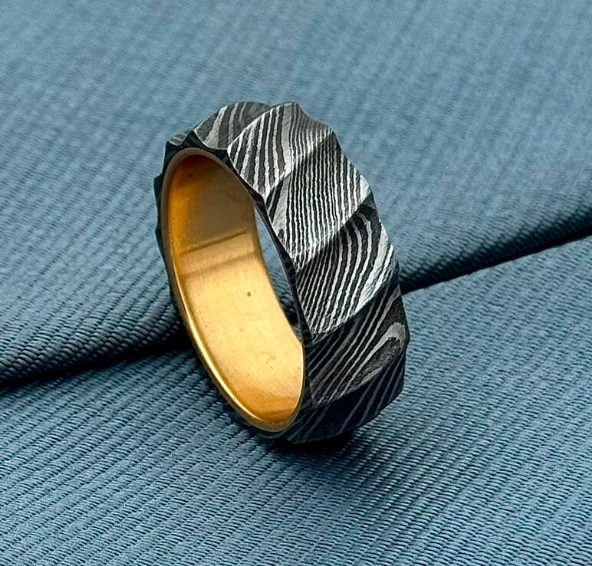 Handmade Wavy Damascus Steel Ring with Brass Sleeve - Image 3