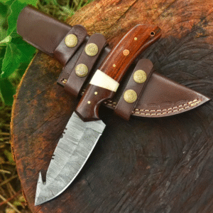 Handmade Damascus Steel Hunting Knife – 9” Gut Hook Blade with Bone & Rosewood Handle + Leather Sheath – Outdoor Gift Knife Groomsmen Gift