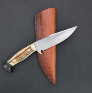 Handmade Deer Horn Skinner Knife: Full Tang Camping/Hunting Knife with Leather Sheath