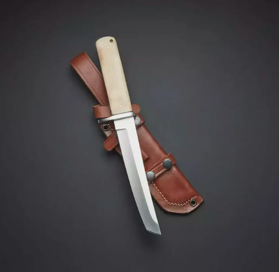 Beautiful Custom Handmade D2 Steel Full Tang Camel Bone Handle Japanese Style Hand Forged Tanto Knife With Leather Sheath - Image 2