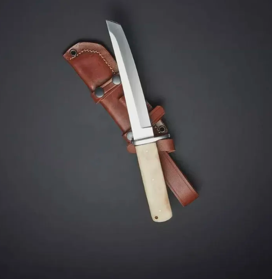 Beautiful Custom Handmade D2 Steel Full Tang Camel Bone Handle Japanese Style Hand Forged Tanto Knife With Leather Sheath - Image 3