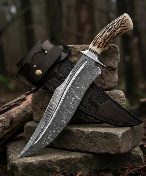 Handcrafted Damascus Bowie Knife Stag Handle Hunting, Camping