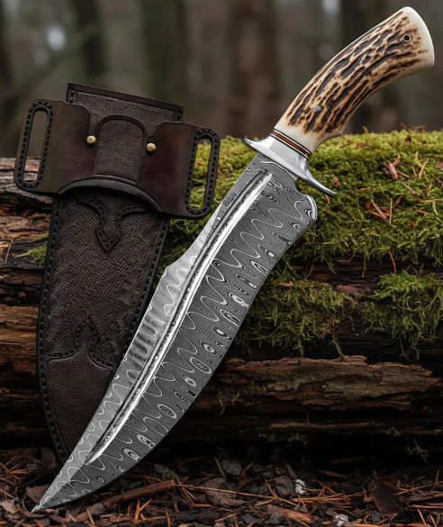 Handcrafted Damascus Bowie Knife Stag Handle Hunting, Camping - Image 2