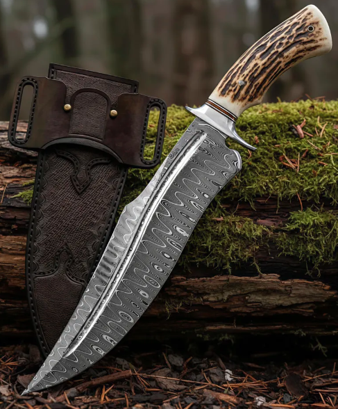Handcrafted Damascus Bowie Knife Stag Handle Hunting, Camping - Image 3