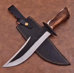 Handmade Damascus Steel Bowie Knife, Leather Sheath, Hunting, Camping